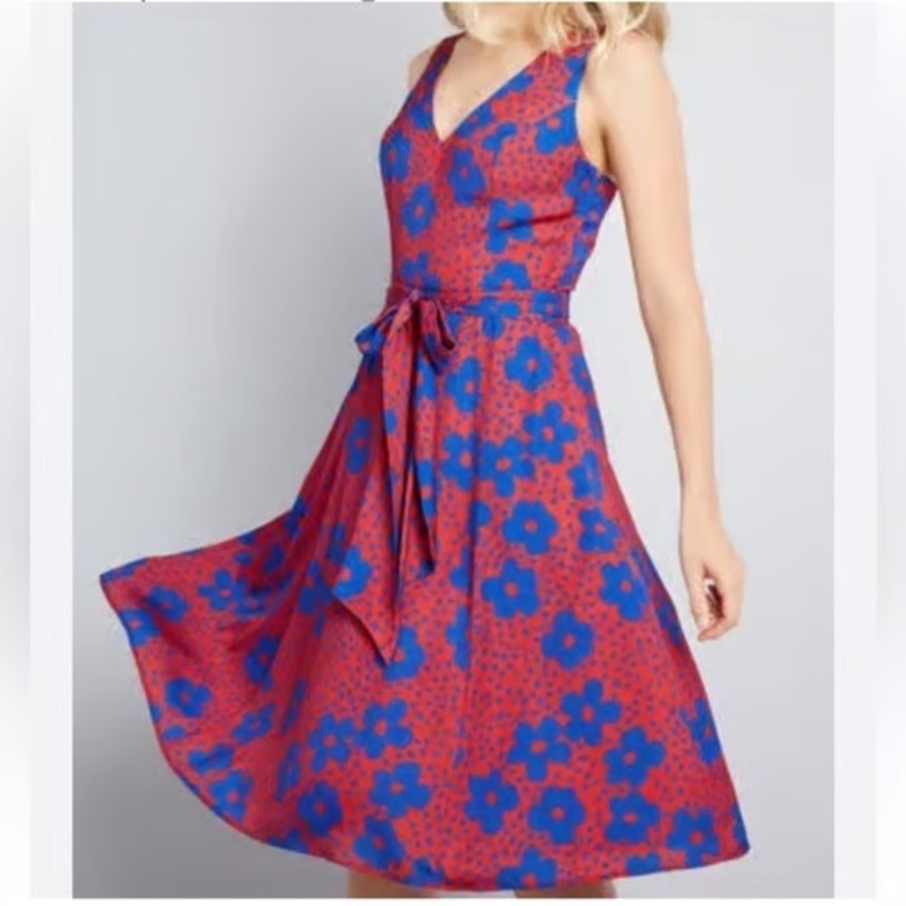 Modcloth Red and Blue Floral Midi Dress